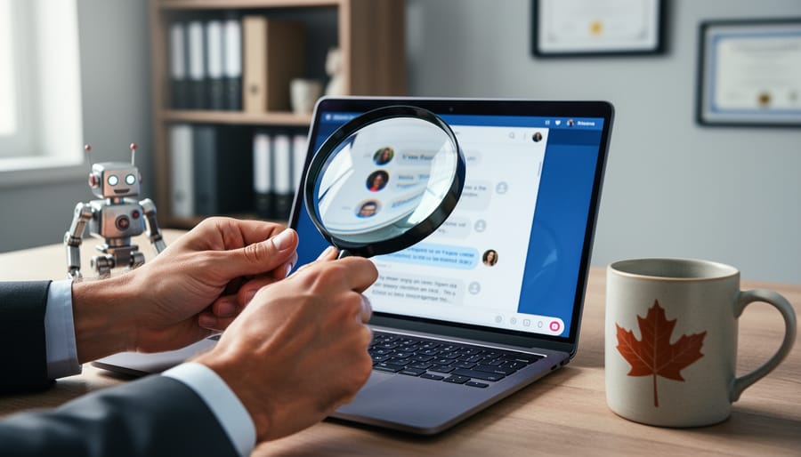 Hands holding a magnifying glass over a laptop with a blurred social discussion thread, with a small robot figurine and a maple leaf coffee mug on the desk, symbolizing scrutiny of Reddit comment marketing services, authenticity versus bots, and Canadian compliance.